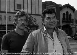 Claude Akins and Frank Converse on camera in downtown Charlotte