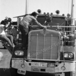Kenworth 900 with crew on board filming a scene in Movin' On